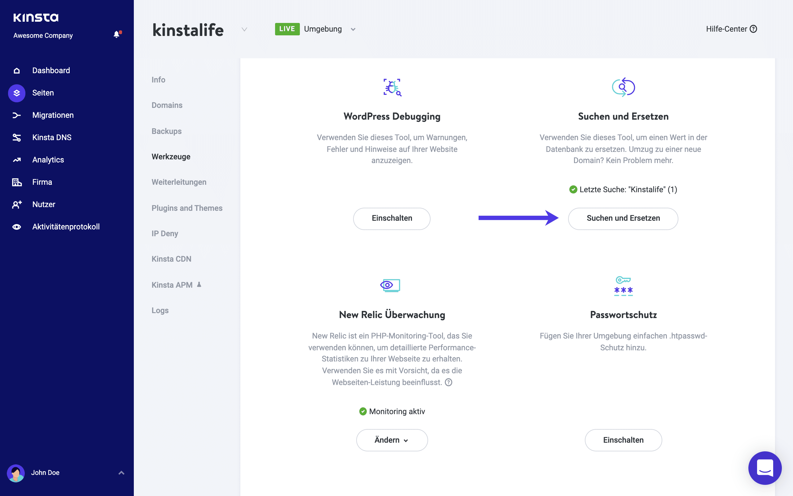 Das Werkzeug Suchen und Ersetzen in MyKinsta