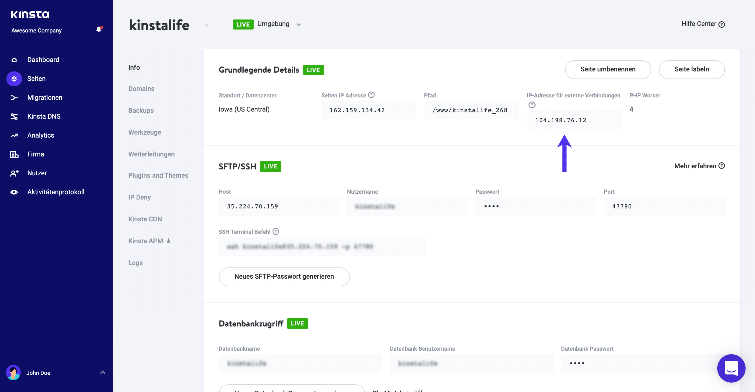 Externe IP-Adresse in MyKinsta