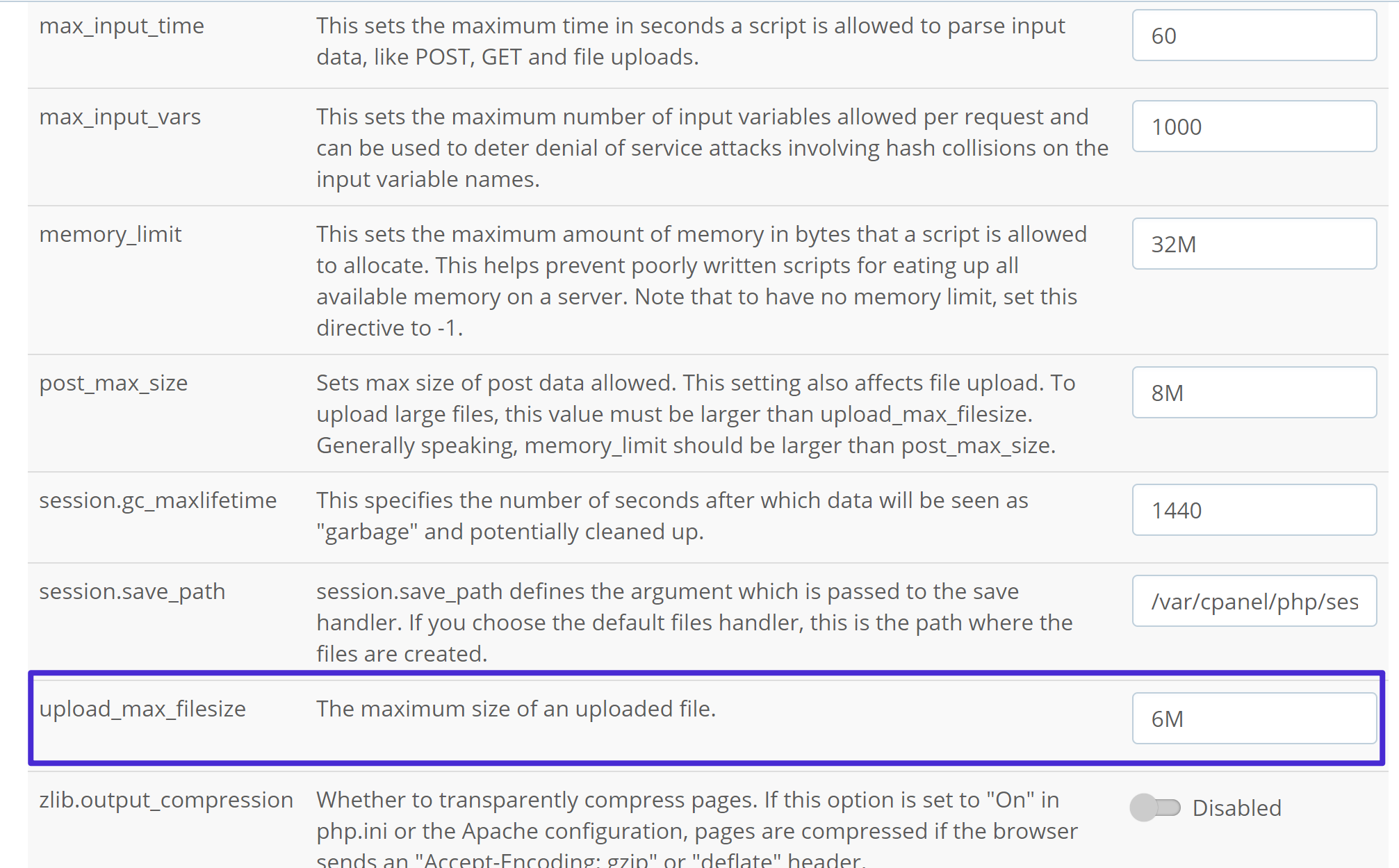 Ändern der upload_max_filesize-Direktive in cPanel