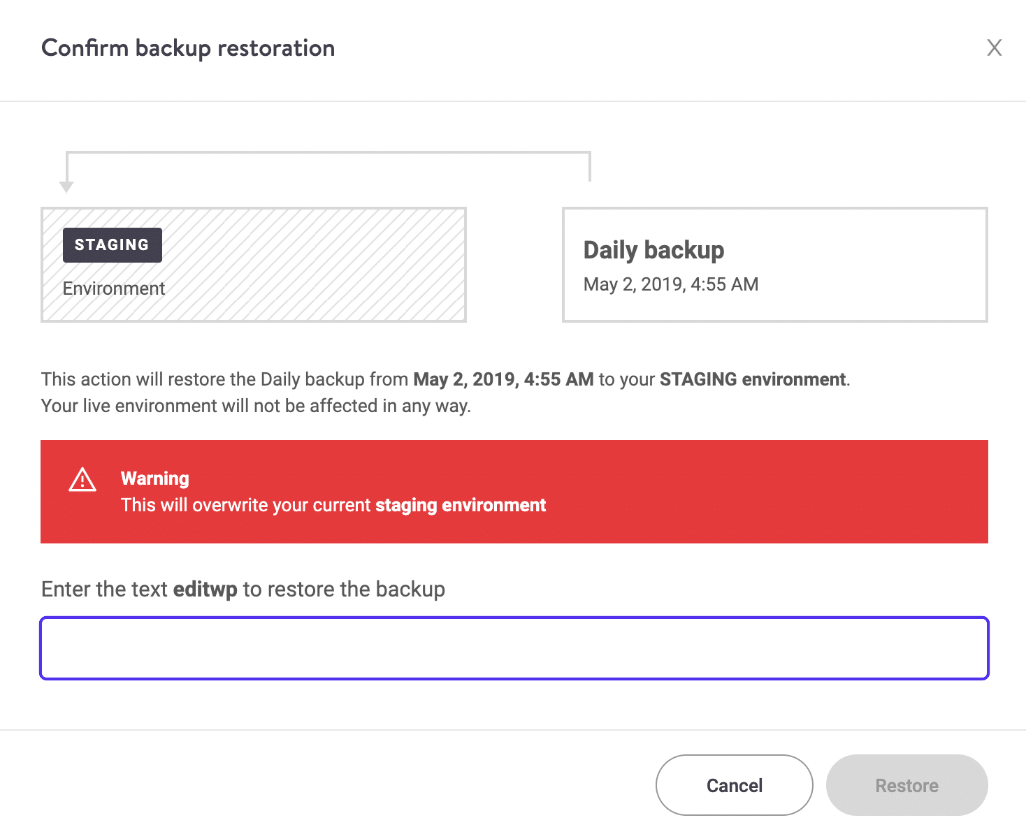 Bestätigung der Wiederherstellung von WordPress-Backups in der Stagingumgebung