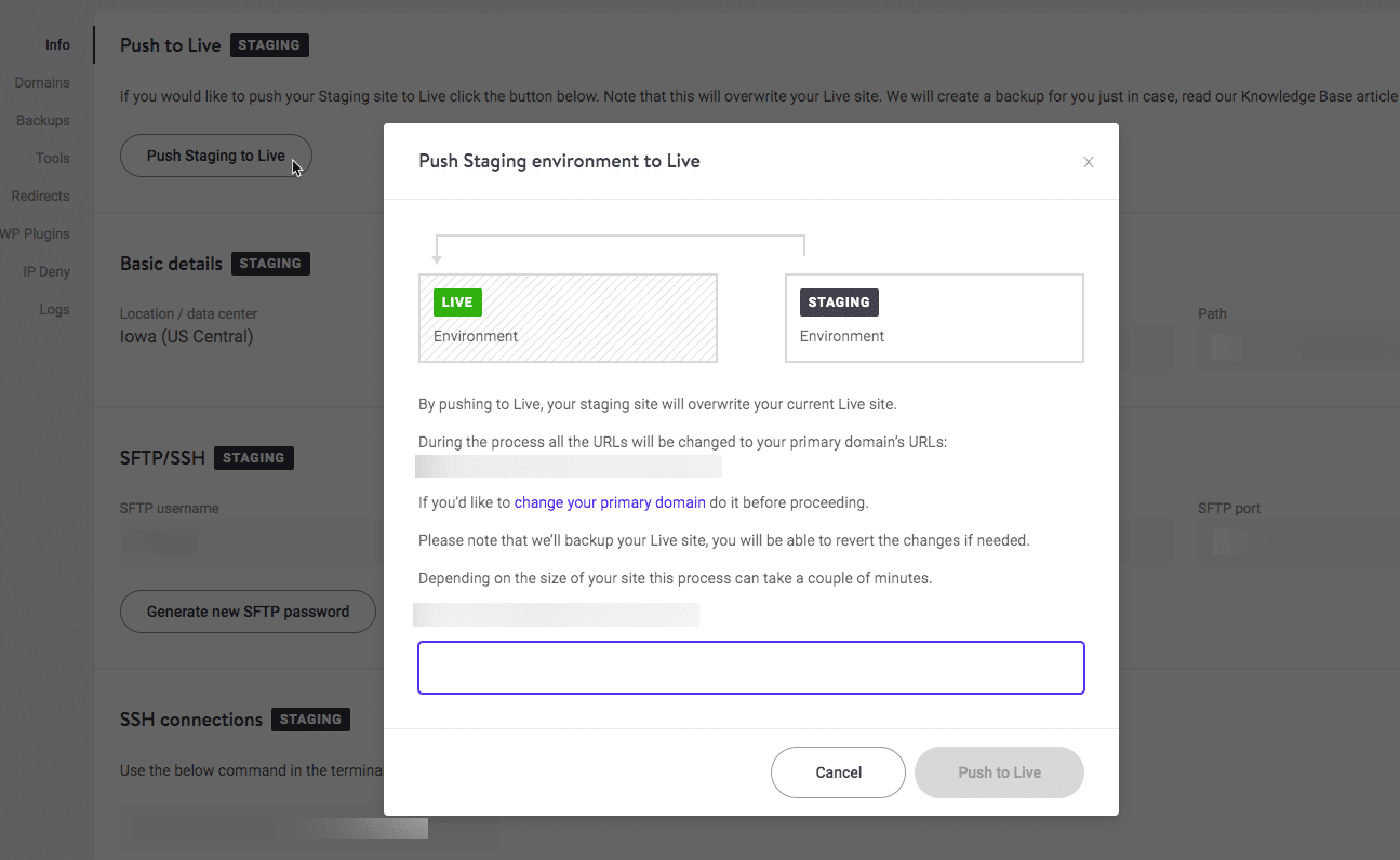 Kinsta Staging live schalten