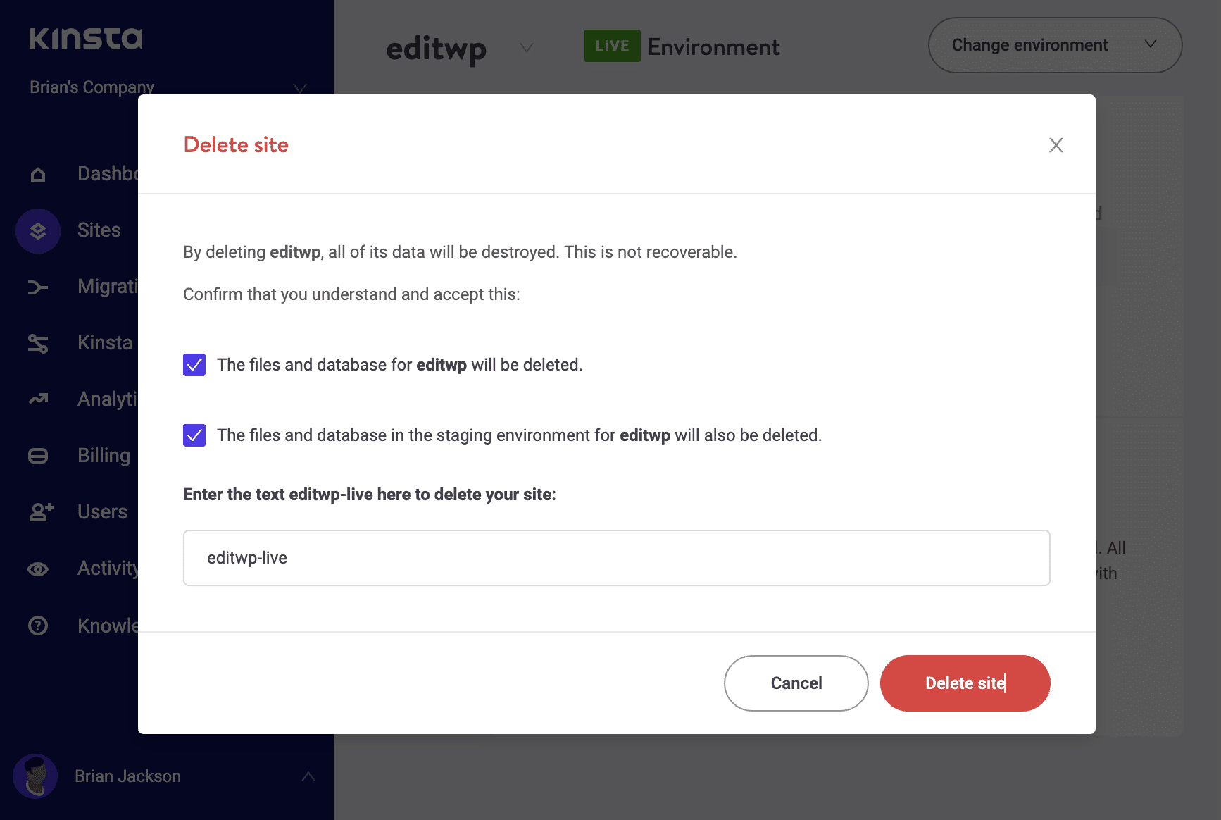 Löschen einer Website in Kinsta