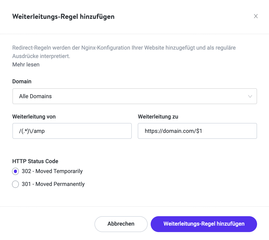 Deaktivieren Sie Google AMP Regex Beispiel