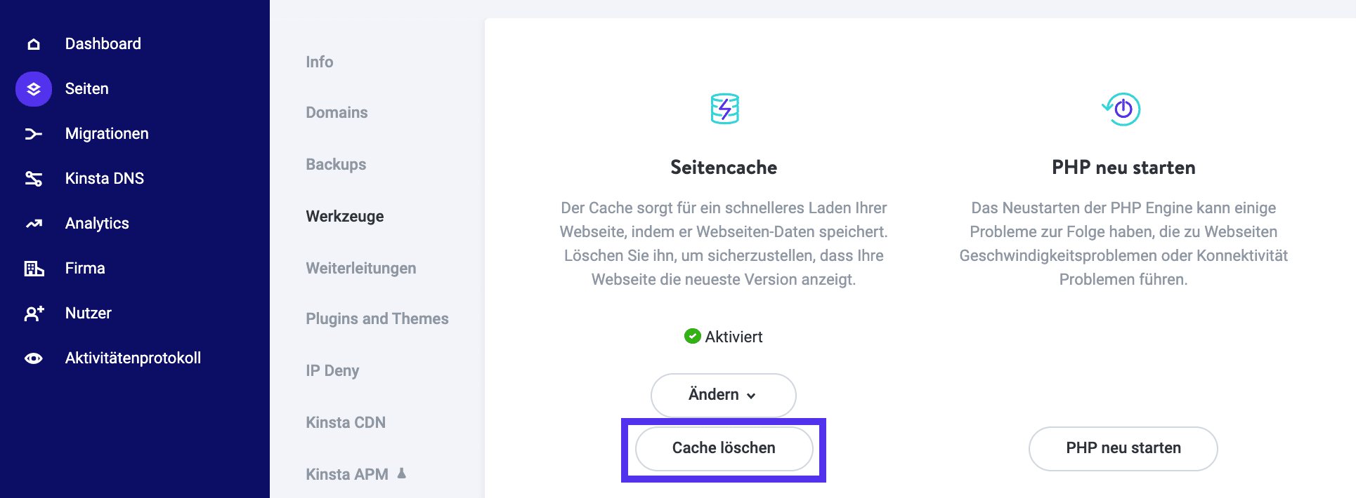 Die Cache-Option in MyKinsta löschen