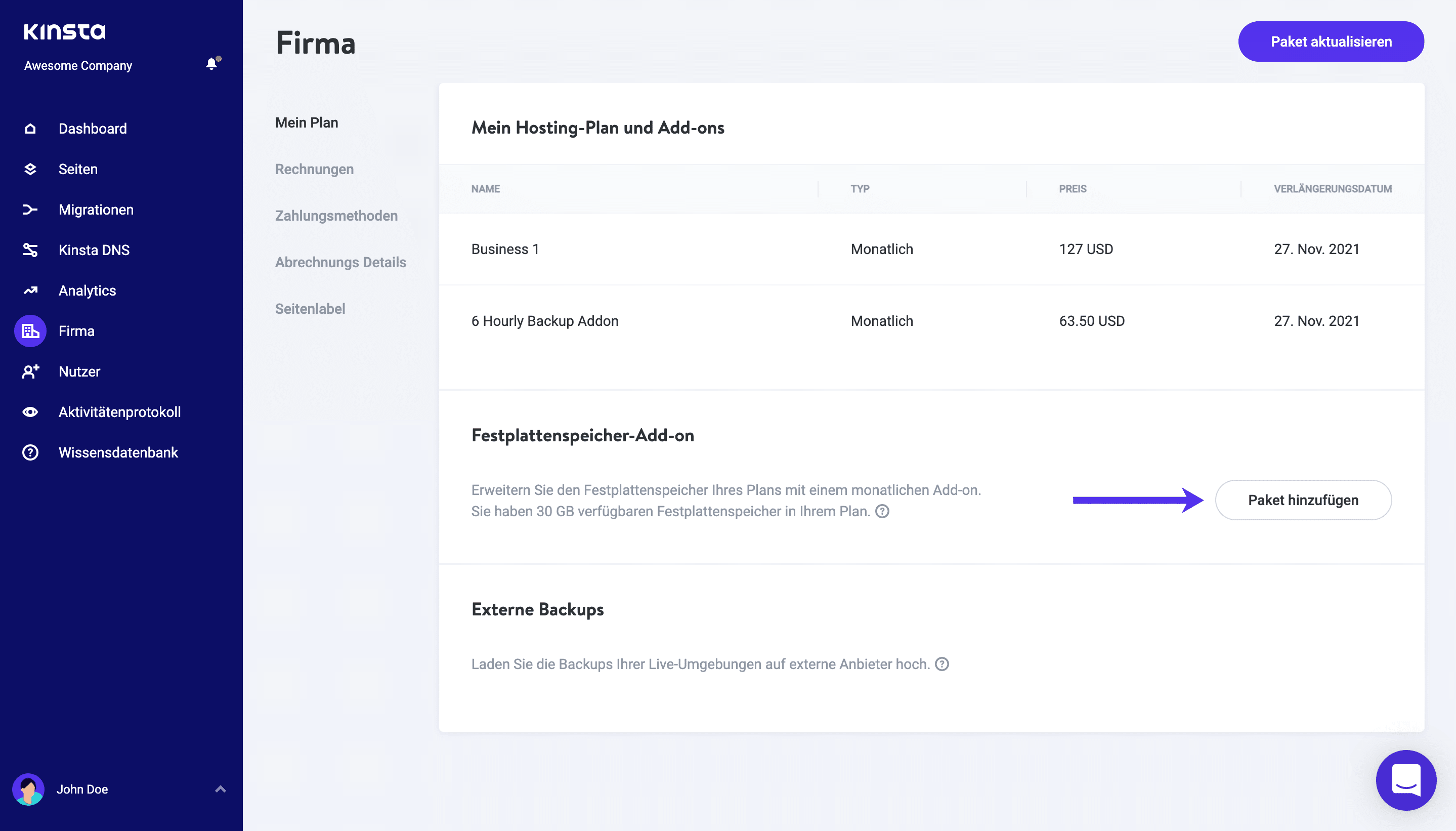 Festplattenspeicher Add-On in MyKinsta hinzufügen