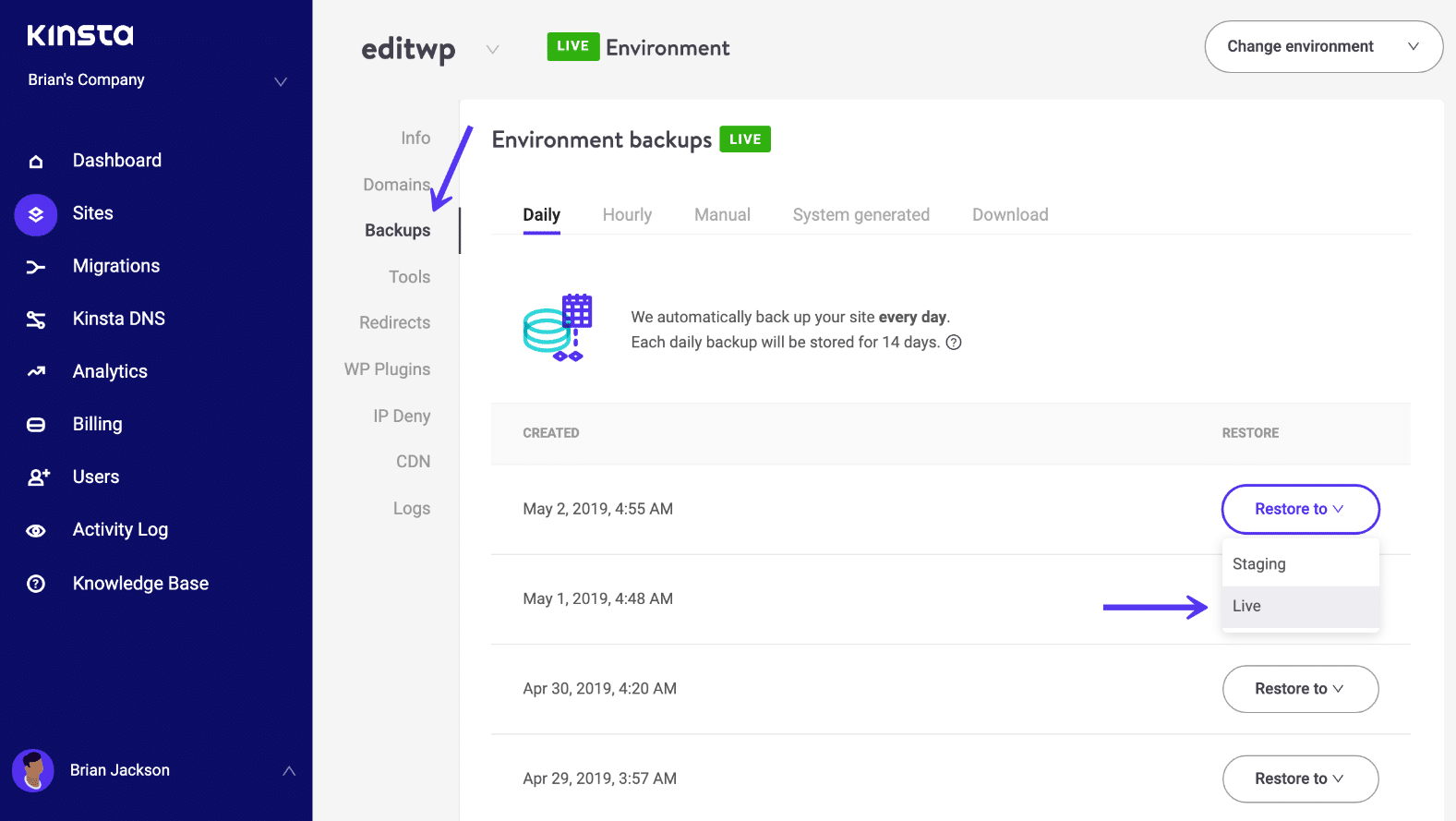 WordPress aus dem Backup in MyKinsta wiederherstellen