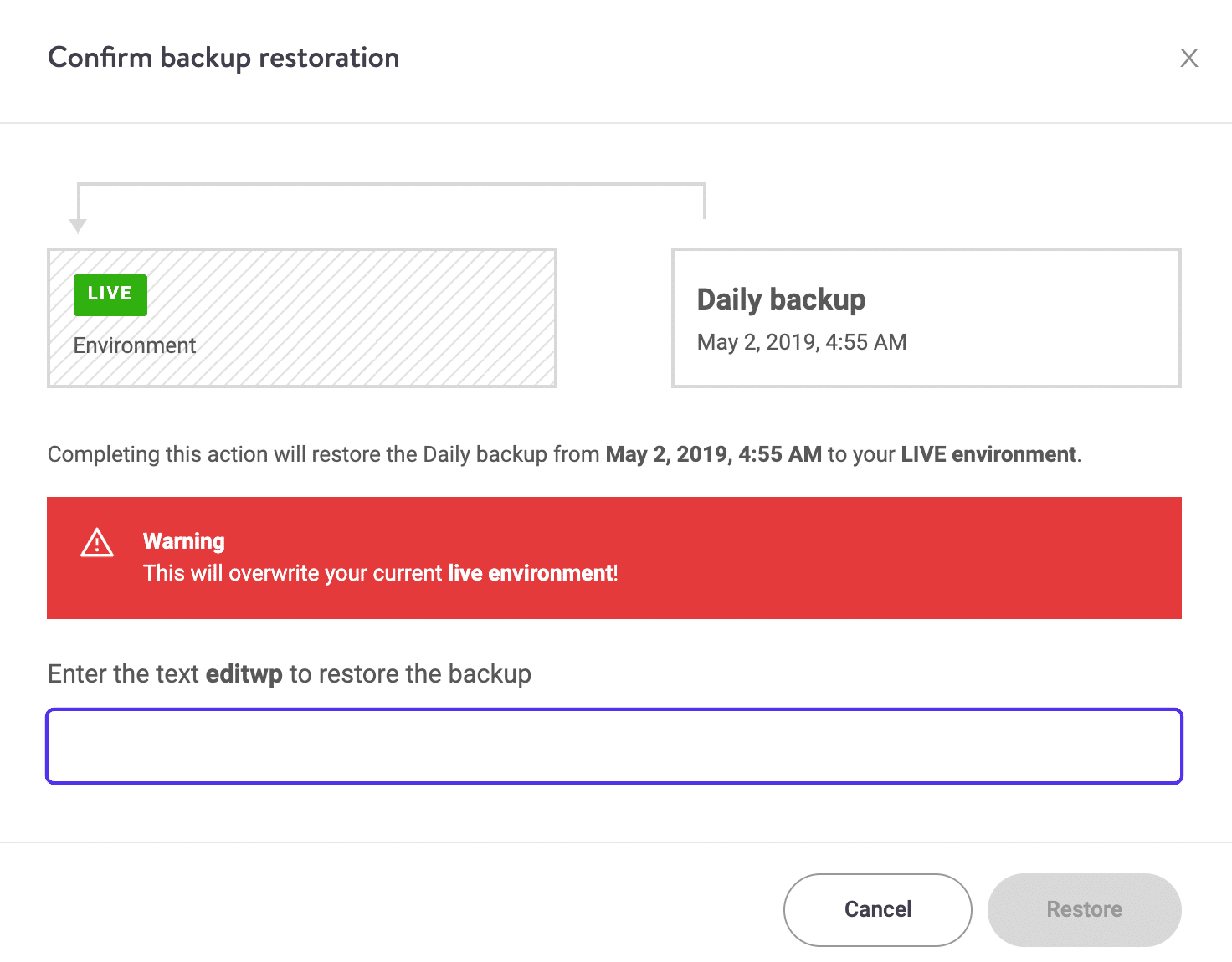 WordPress Backup-Wiederherstellung bestätigen