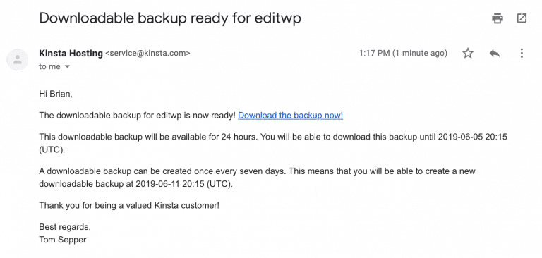 Email Benachrichtigung für herunterladbare Backups