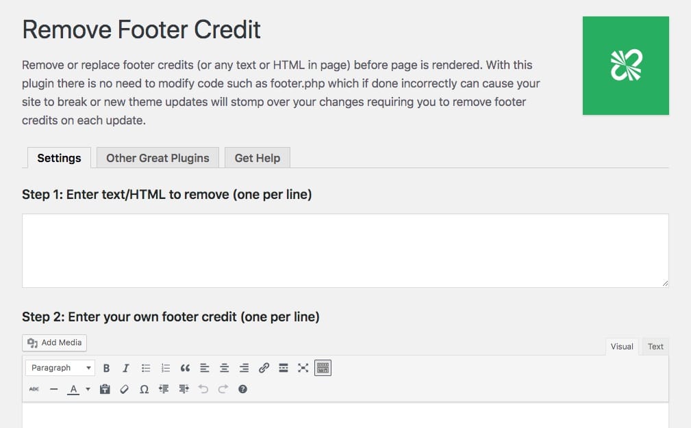 Remove Footer Credit Einstellungsfenster