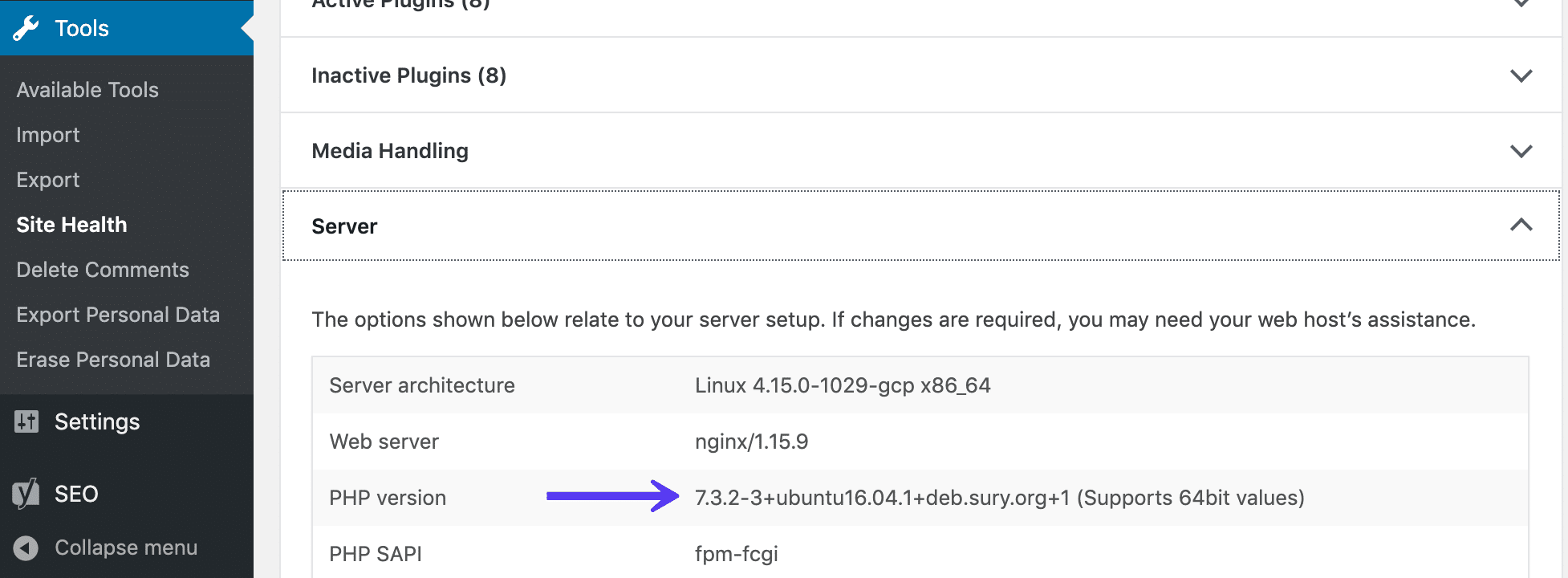 Überprüfe die PHP-Version mit WordPress Site Health Tool