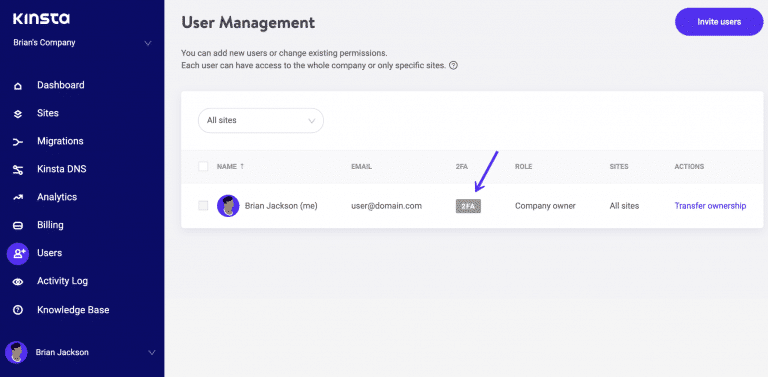 2FA Indikator in MyKinsta