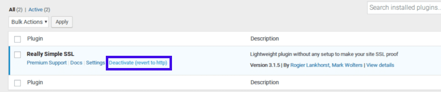 Deaktivieren des Really Simple SSL Plugins