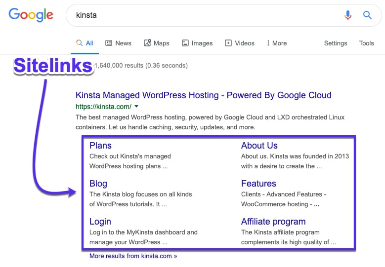 Google Sitelinks in SERPs