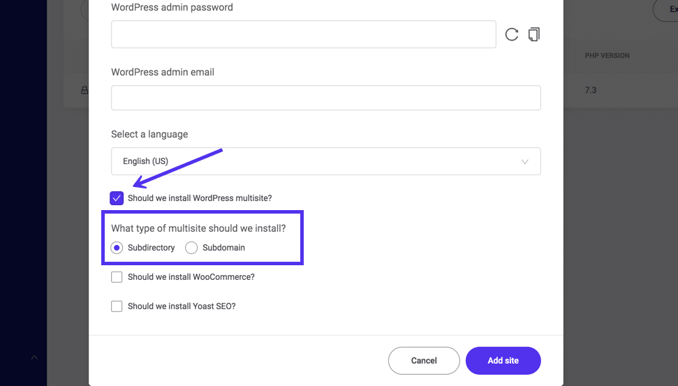 Multisite aktivieren während man WordPress in MyKinsta installiert