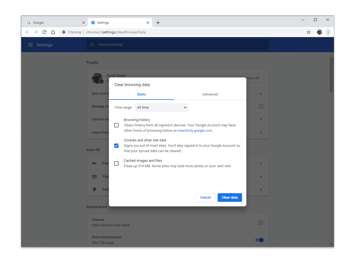 Löschen der Browsing-Datenoptionen (Cookies)