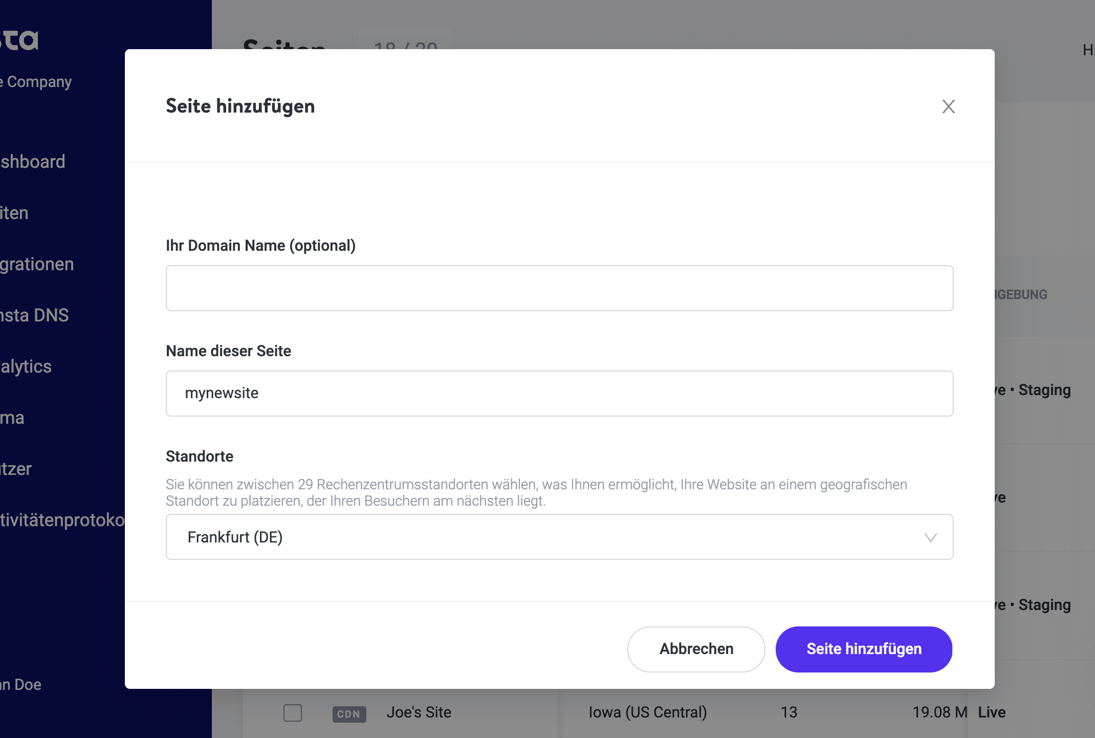 Hinzufügen einer Website in Kinsta