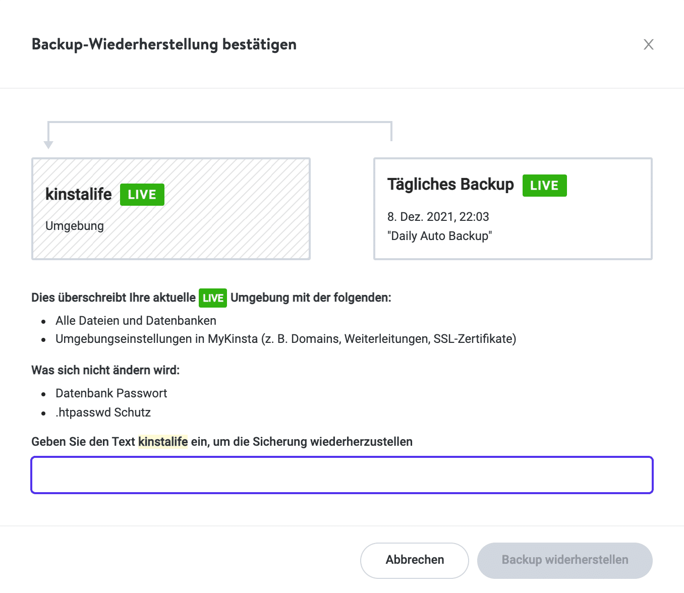 WordPress Backup-Wiederherstellung bestätigen