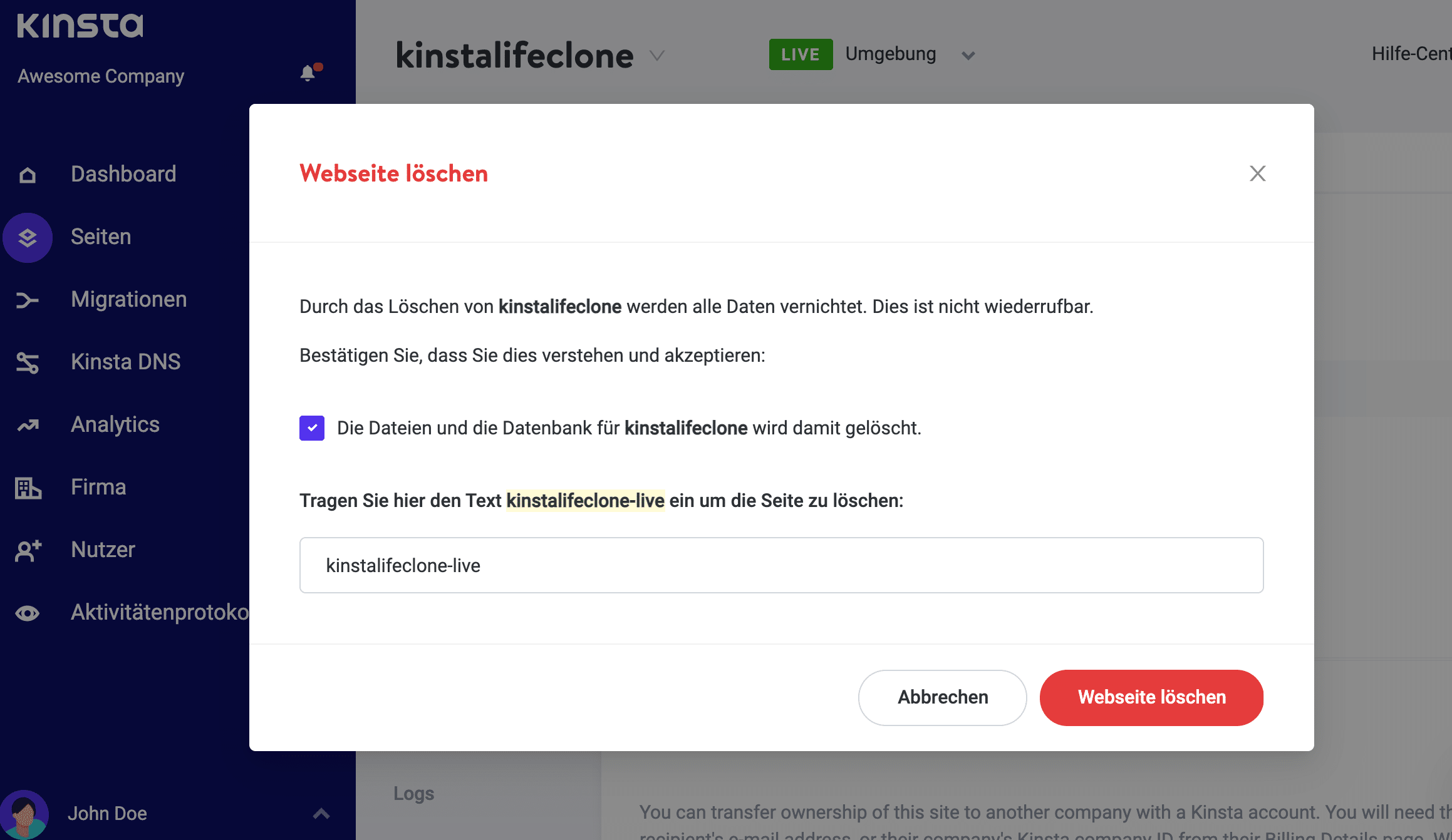 Löschen einer Website in Kinsta