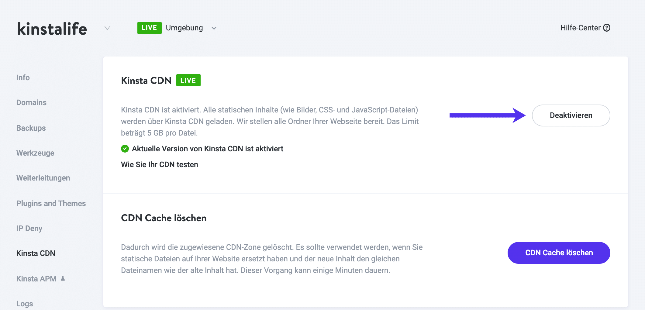 Option zum Aktivieren/Deaktivieren von MyKinsta CDN