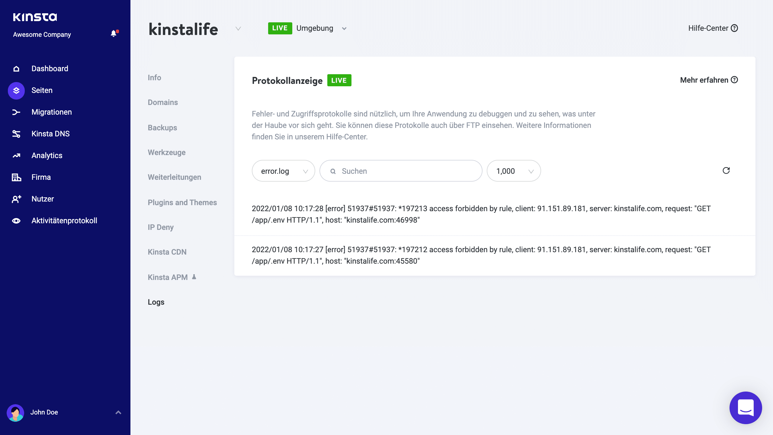 Fehlerprotokoll in MyKinsta