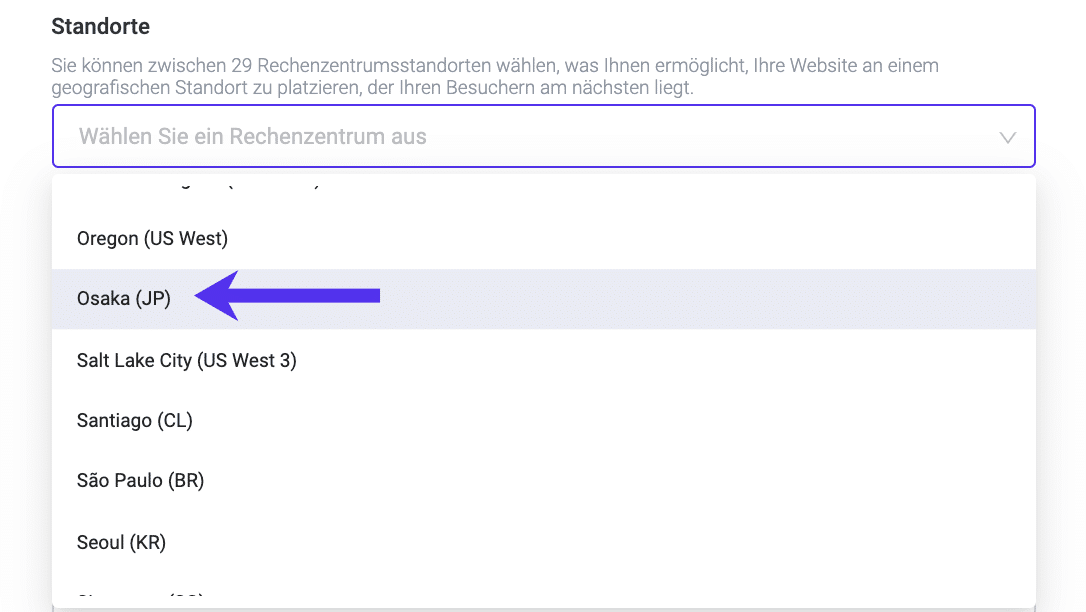 Eine Webseite in Osaka, dem japanischen Datenzentrum, hinzufügen