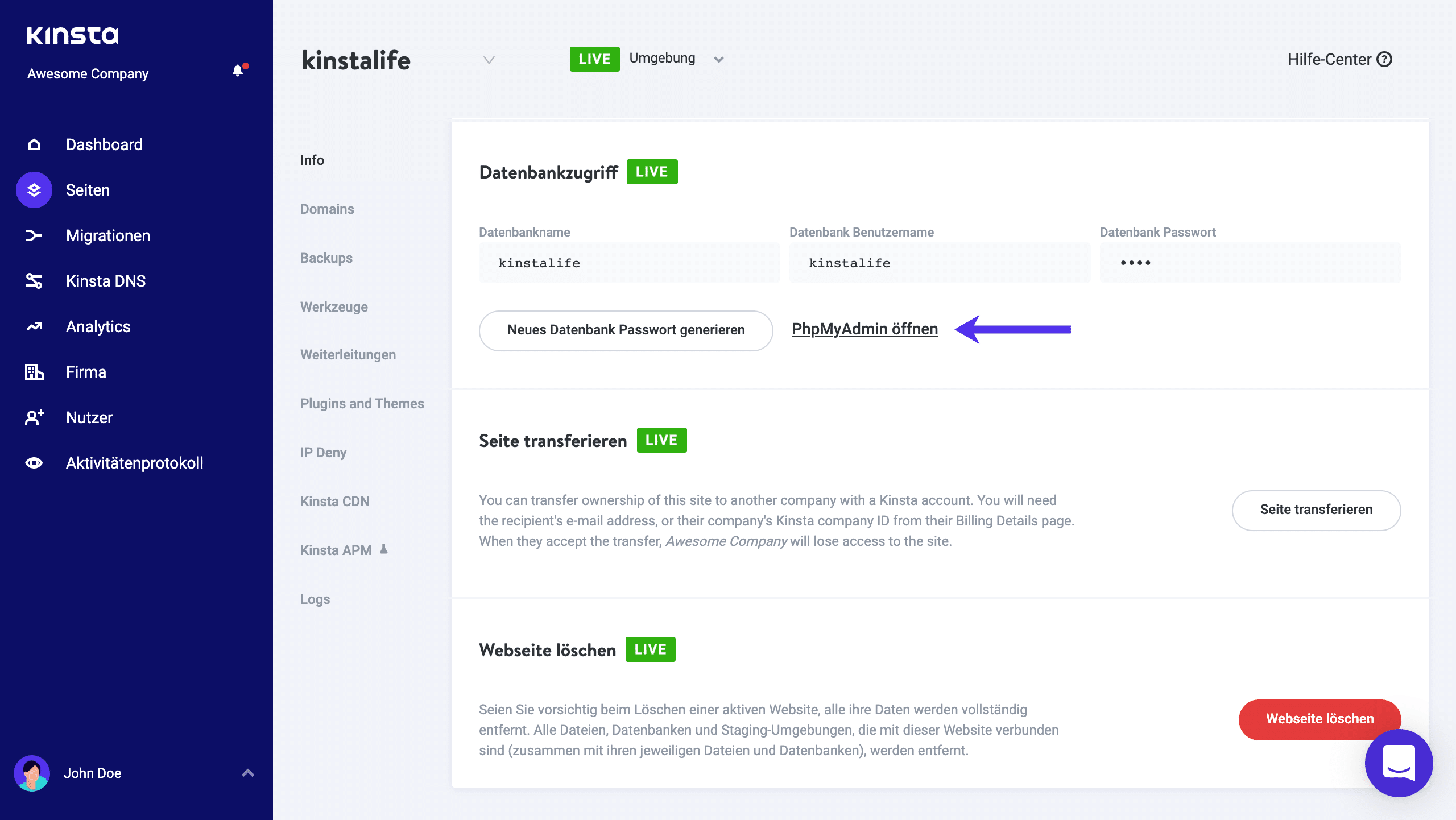 phpMyAdmin Link im MyKinsta Dashboard