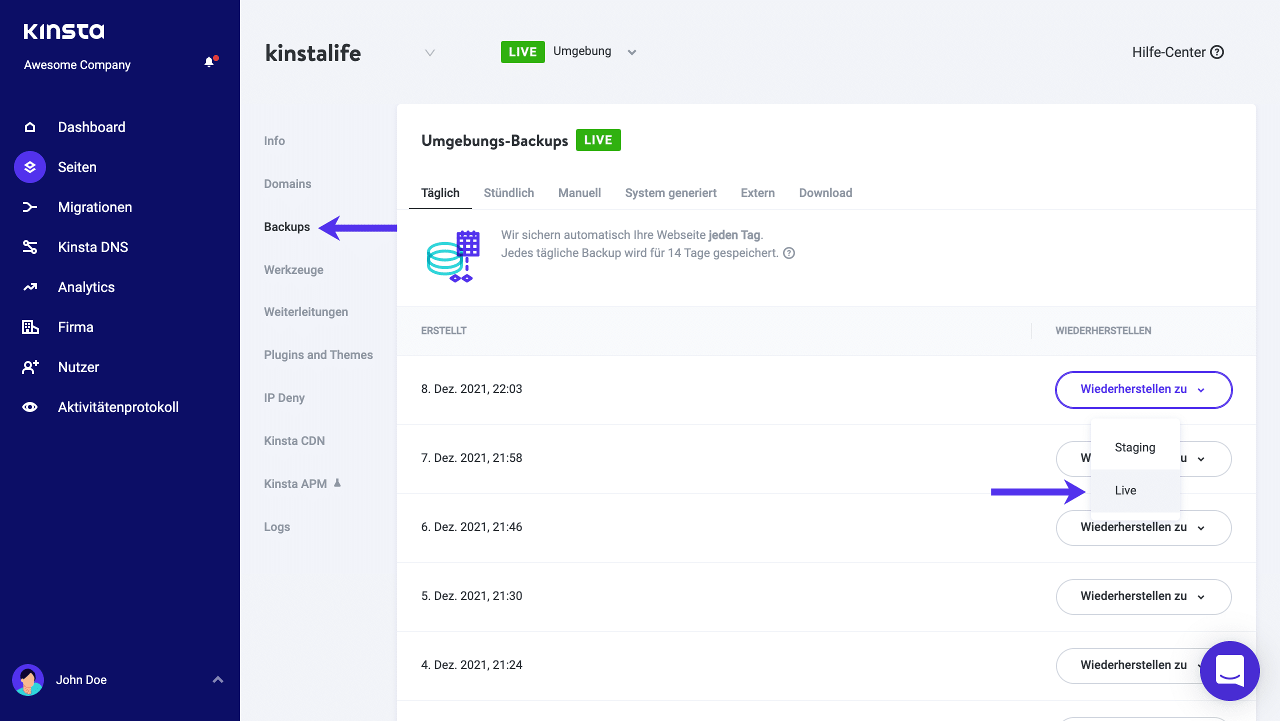 WordPress aus dem Backup in MyKinsta wiederherstellen