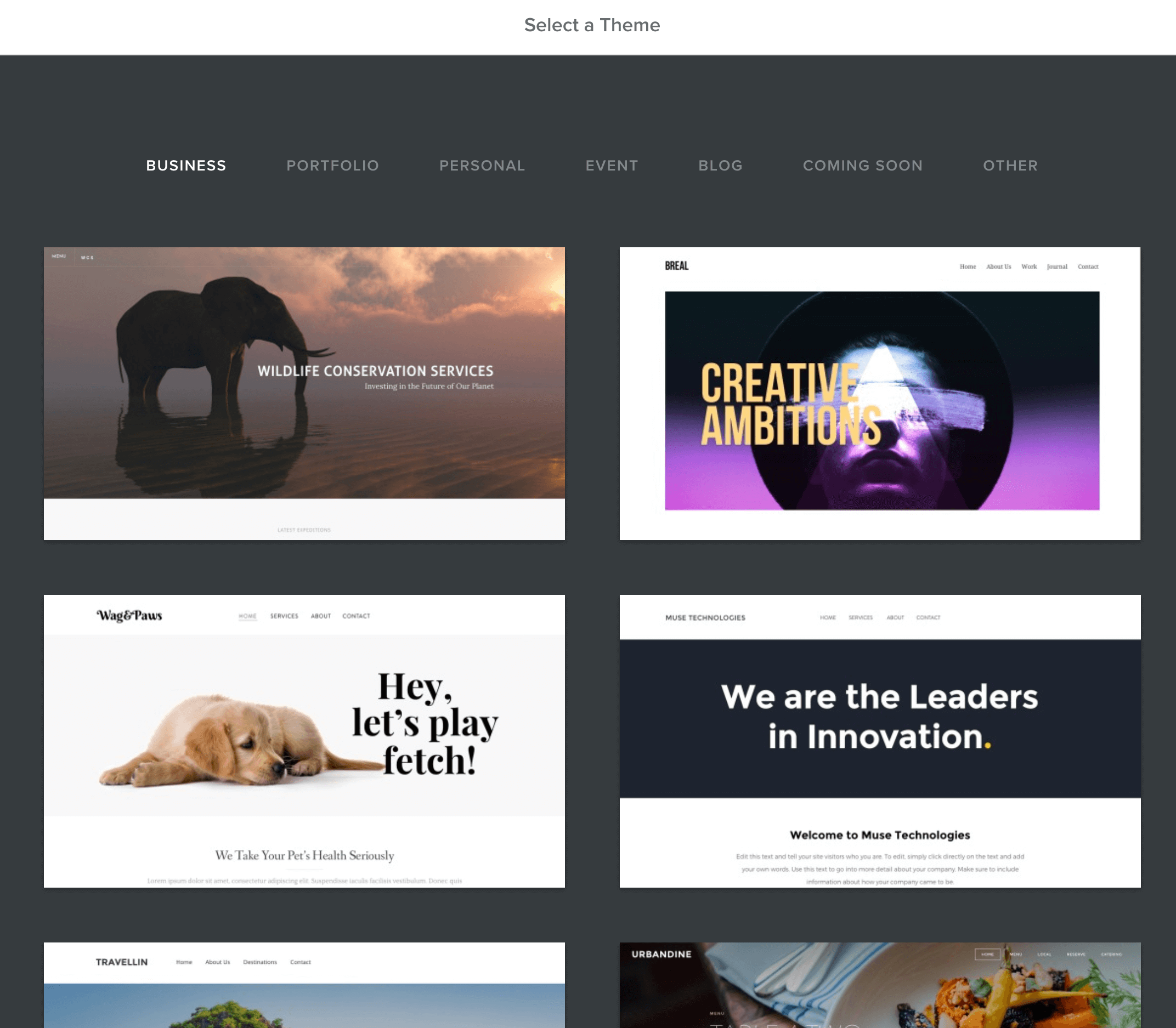 Weebly onboarding Themeauswahl