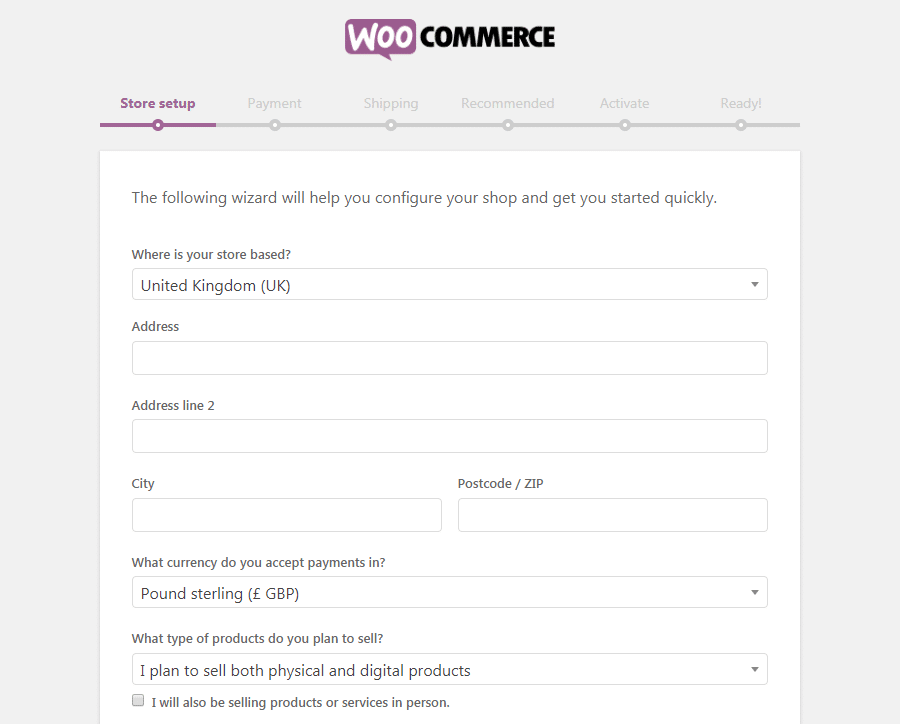 Die WooCommerce Shop Setup Seite