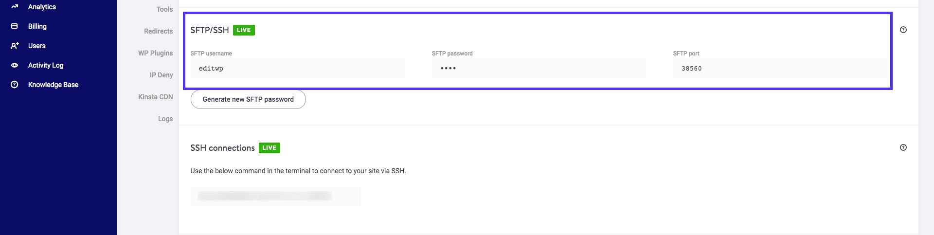 SFTP-Benutzername, Passwort und Port