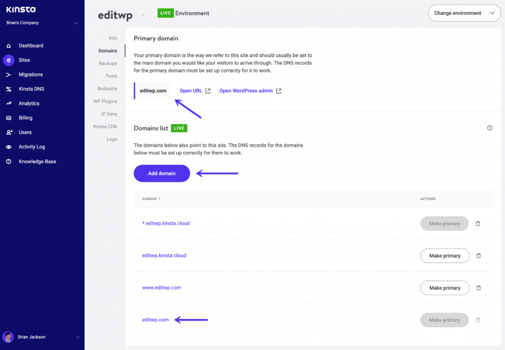 Füge eine Domain in MyKinsta hinzu