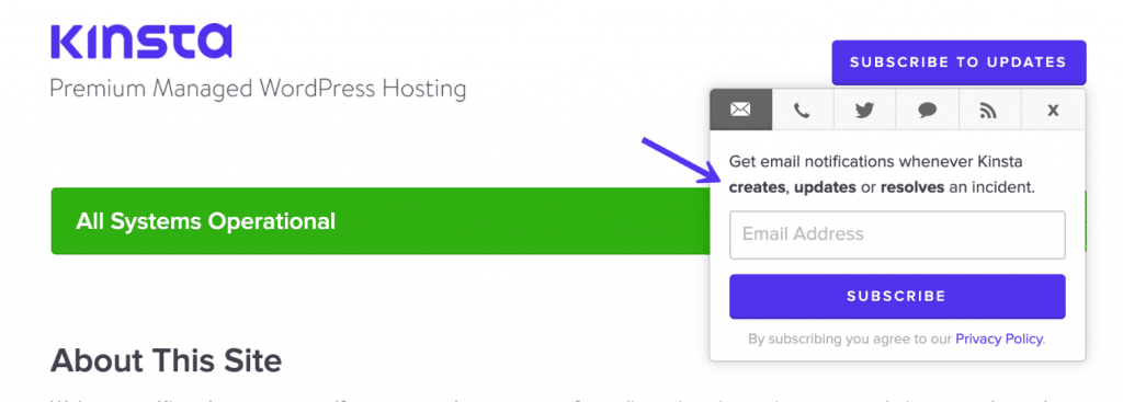 Kinsta Status Nachrichten Abonnement