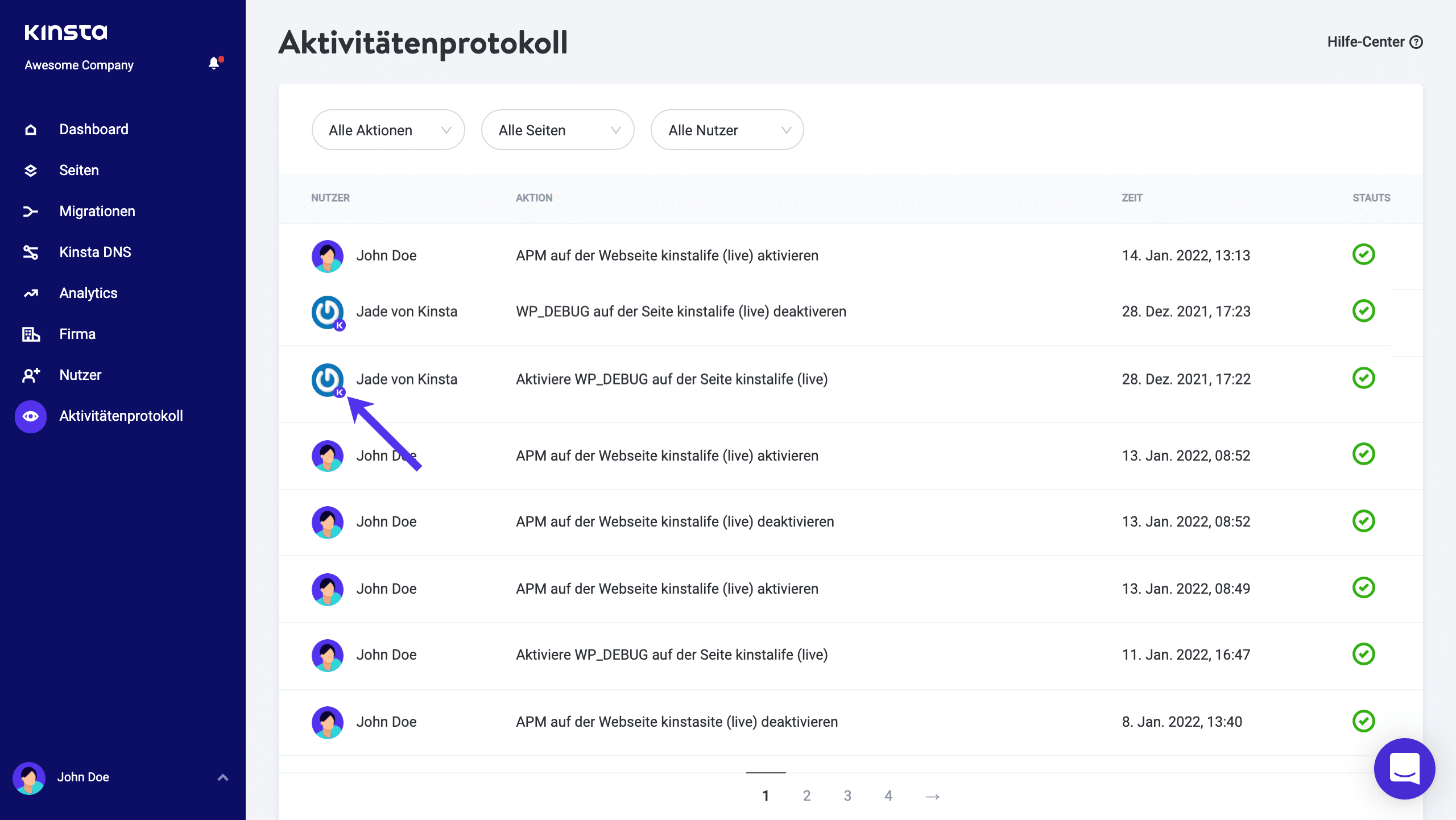 MyKinsta Aktivitätsprotokoll