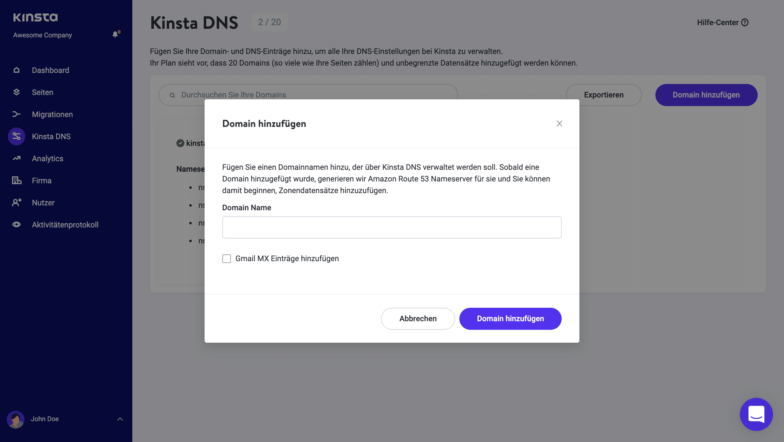 Füge eine Domain zu DNS hinzu