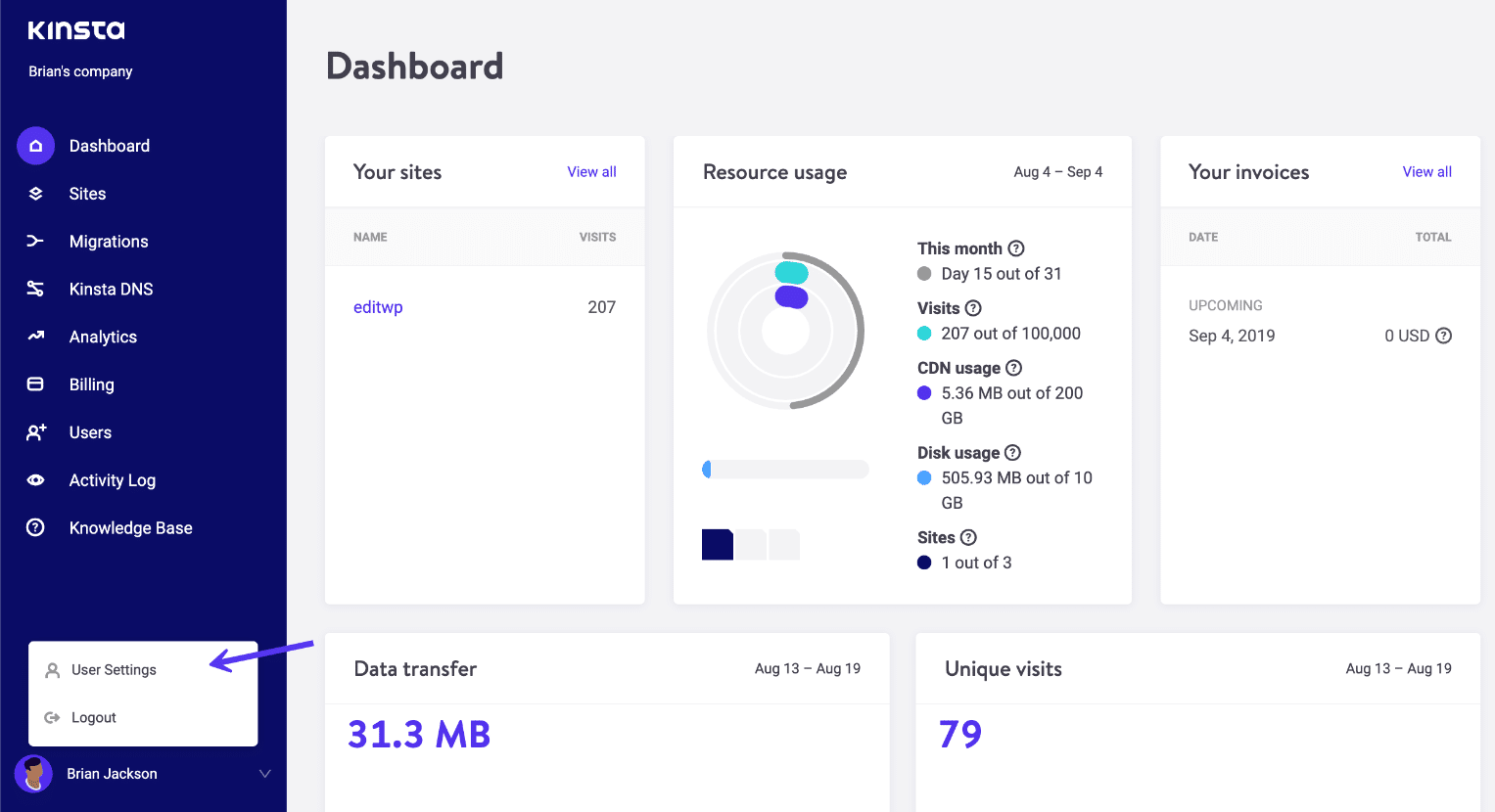 MyKinsta Benutzereinstellungen
