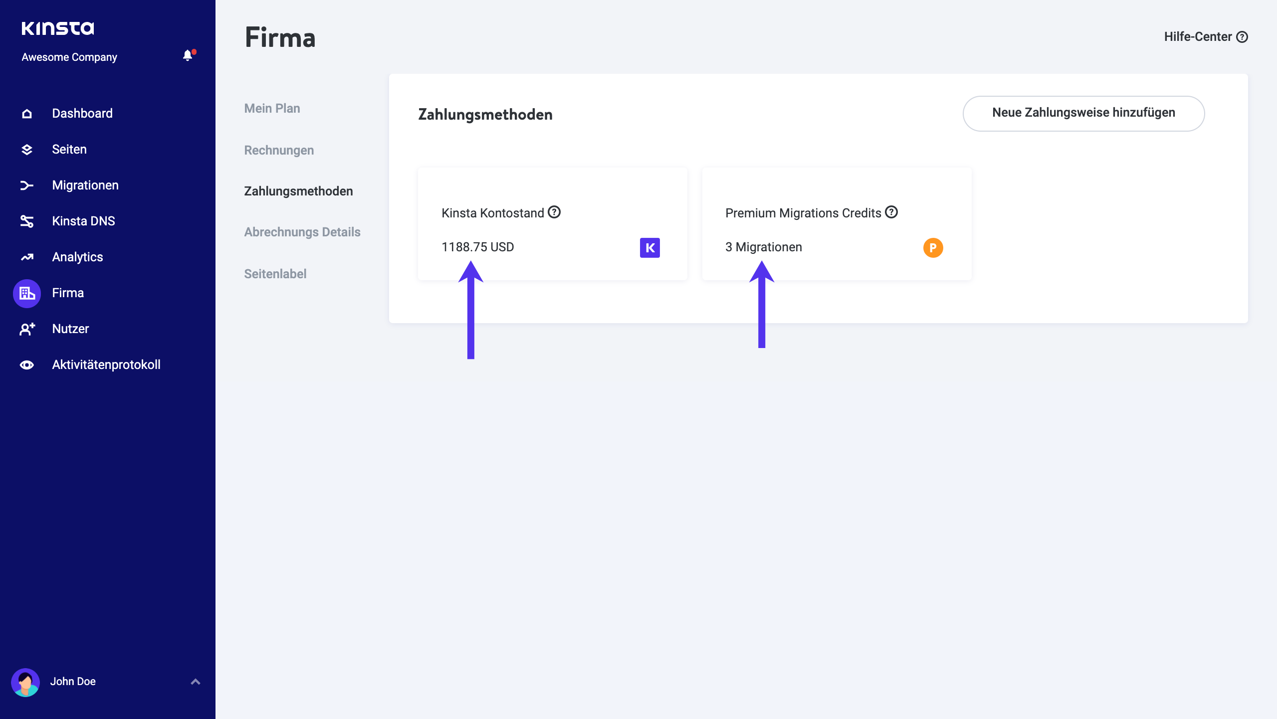 Neues UI auf der Seite „Zahlungsmethoden“