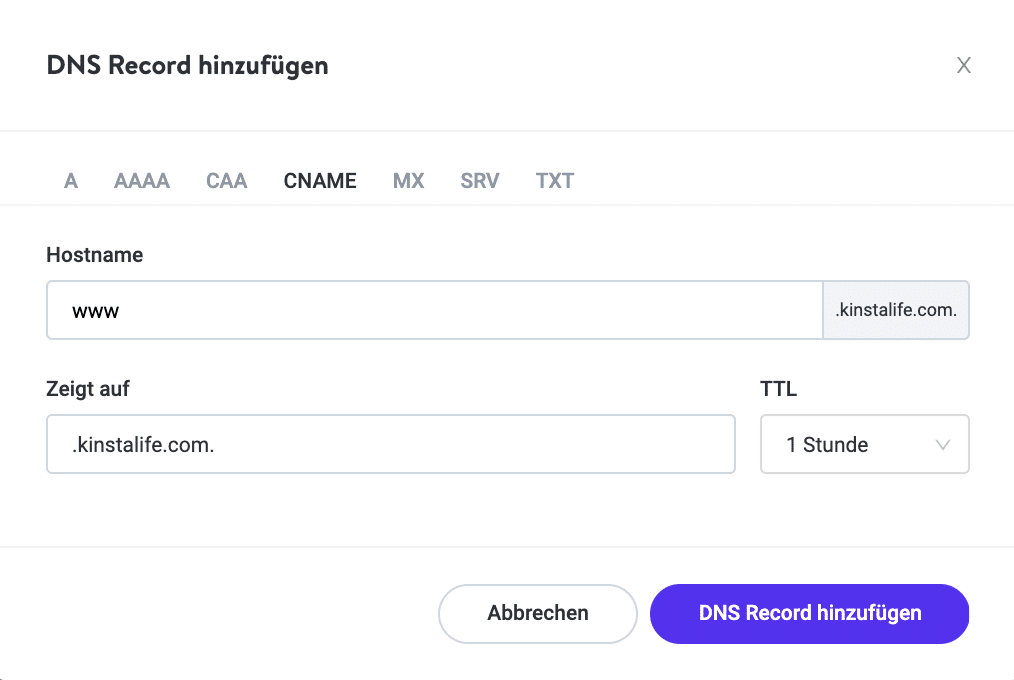 Füge CNAME Record hinzu