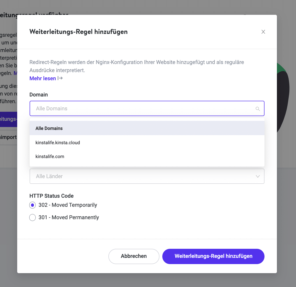 Das Kinsta Weiterleitungs-Tool