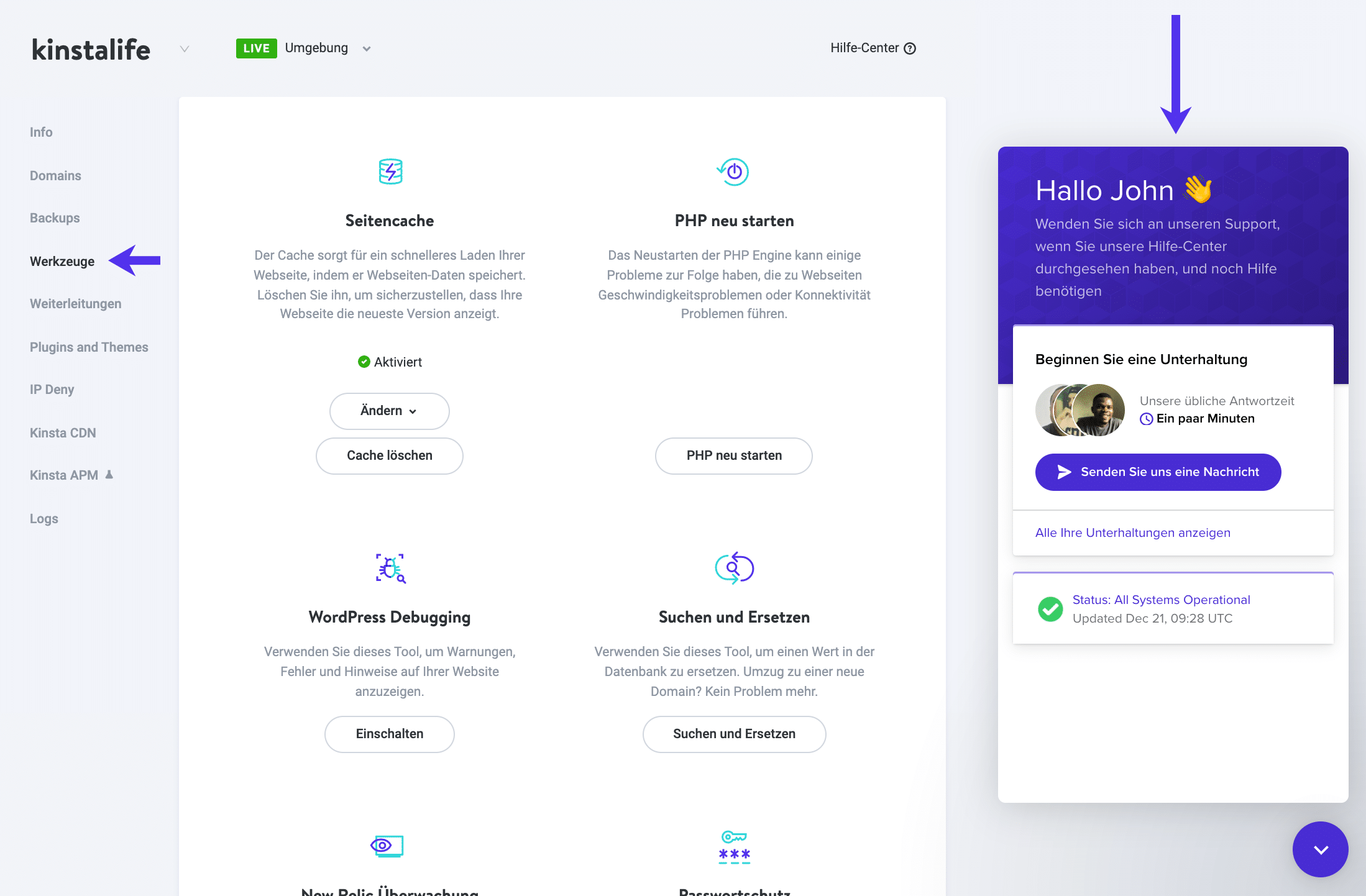 So erhältst du Hilfe über das MyKinsta Dashboard