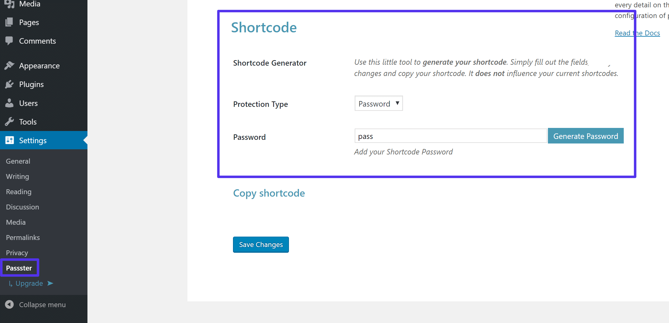 Passster Shortcode Generator