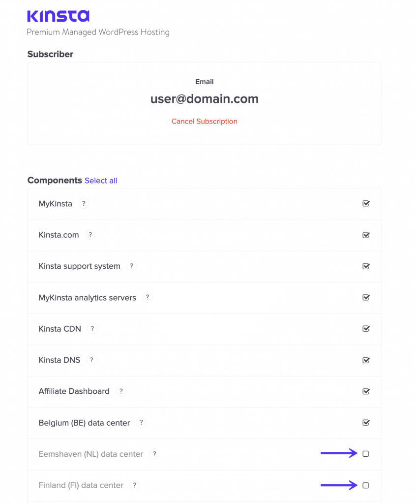 Wähle die Kinsta Status Abonnements