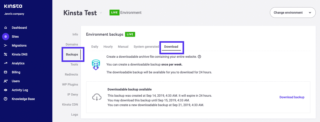 Gehe zu Backups und dann zur Registerkarte Download.