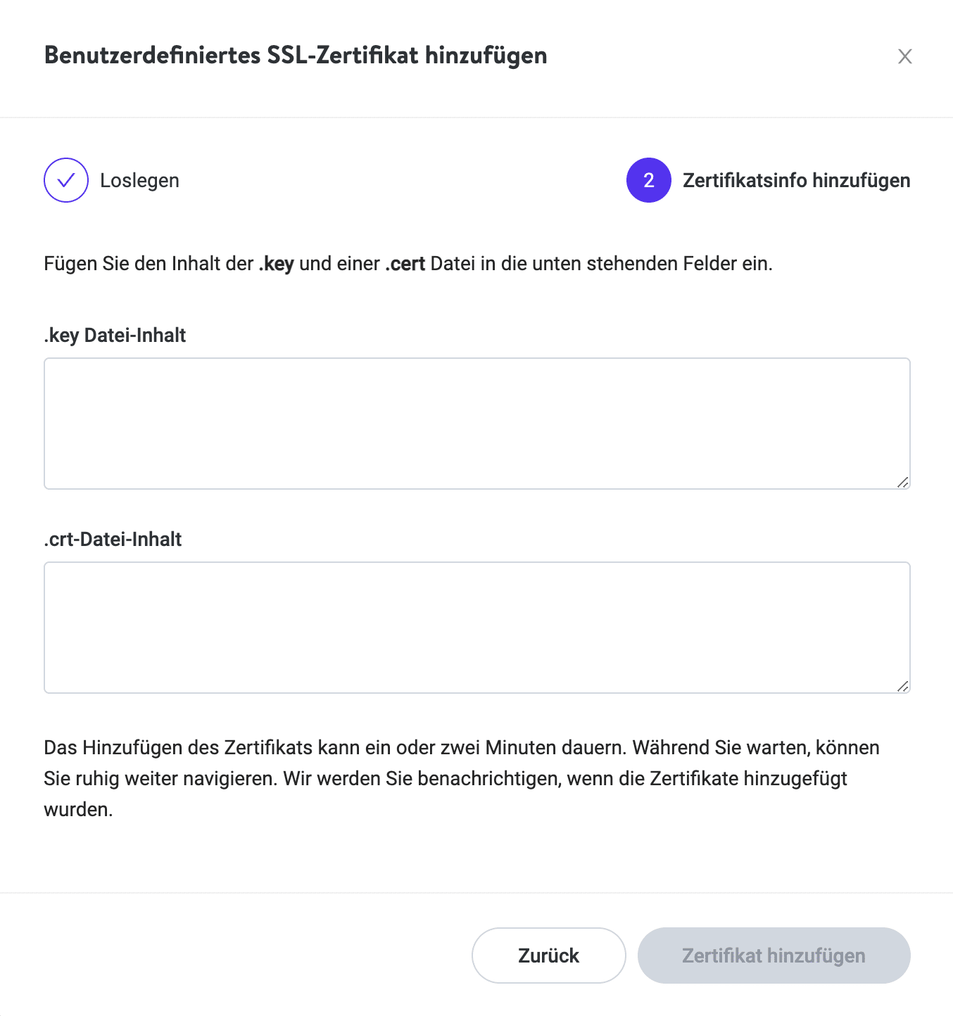 Benutzerdefiniertes SSL-Zertifikat hinzufügen Schritt 2