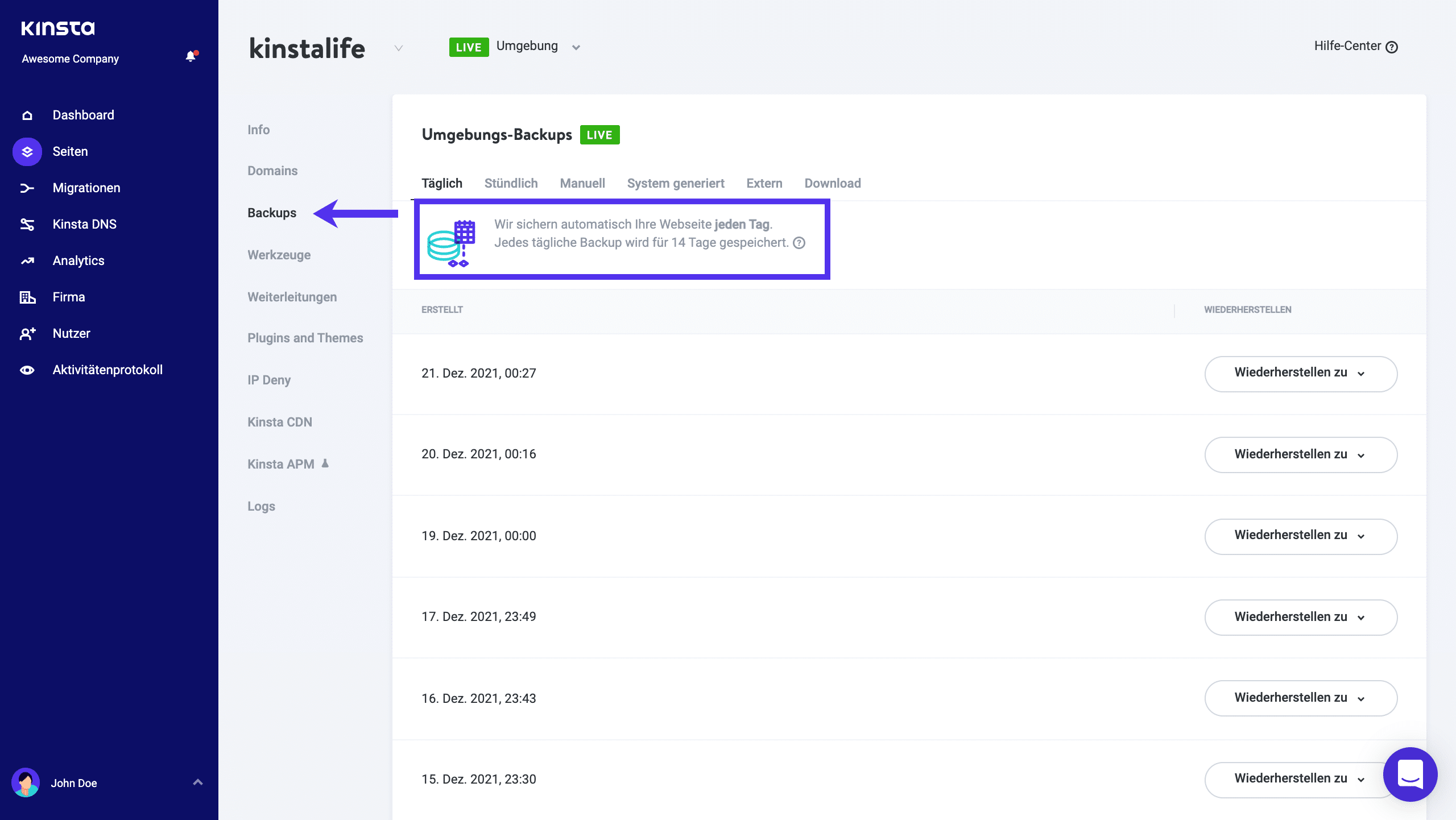 Tägliche automatisierte Backups von Kinsta