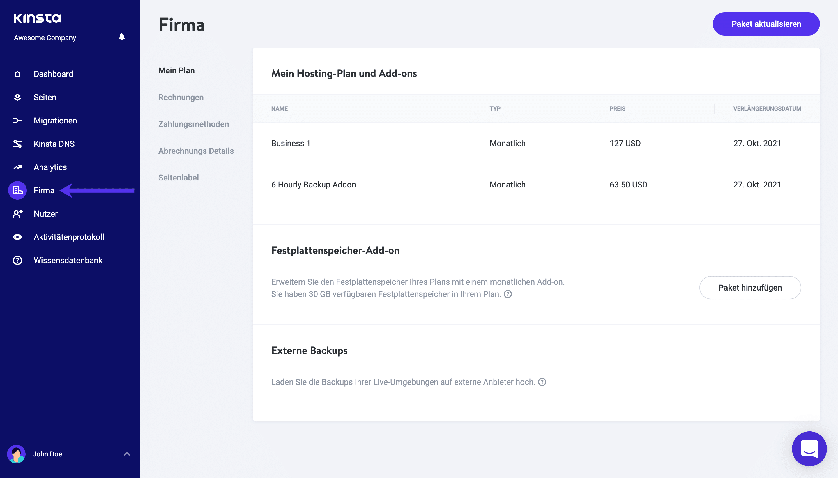Navigiere zu "Firma" in MyKinsta.
