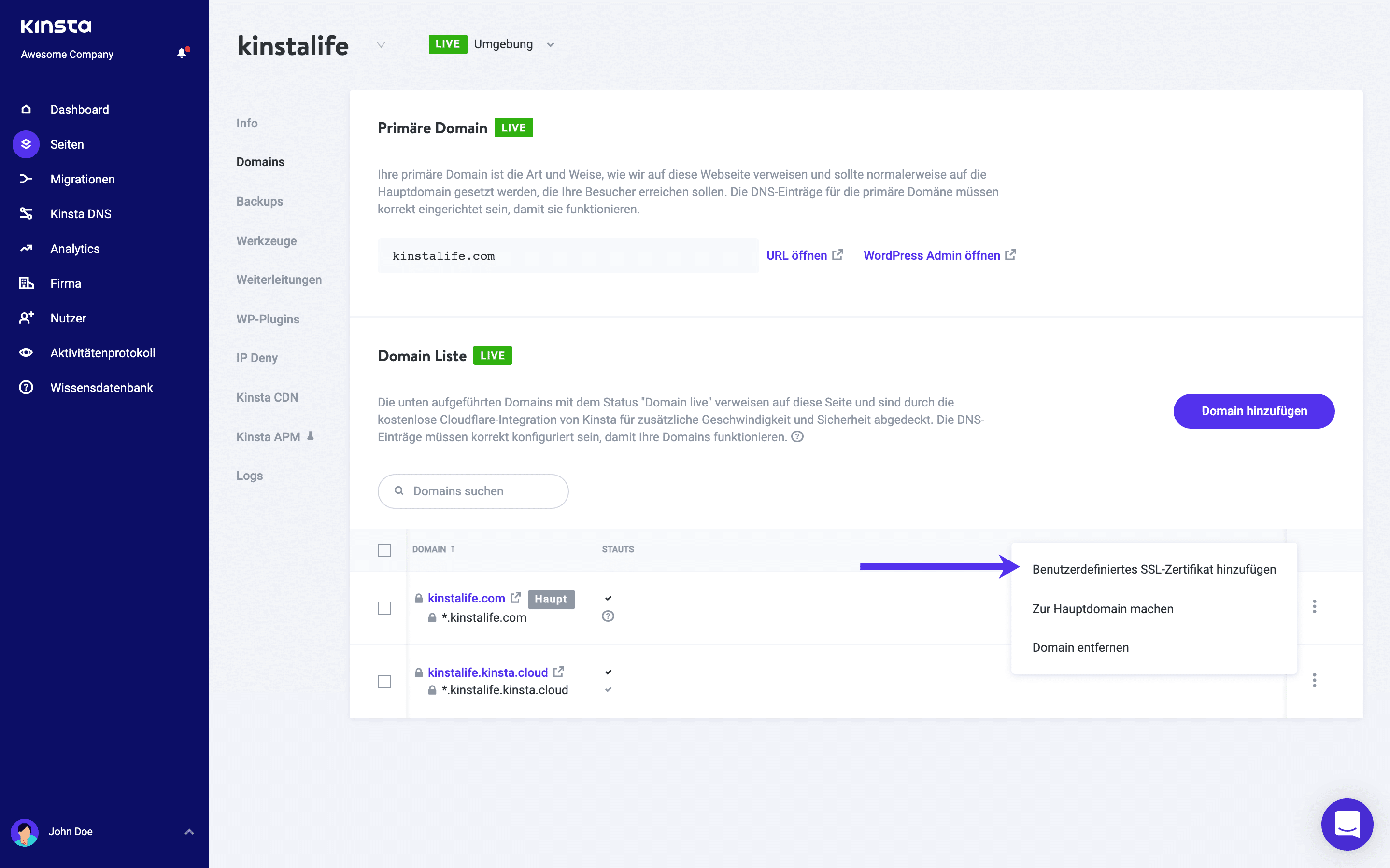 Hinzufügen eines benutzerdefinierten SSL-Zertifikats.