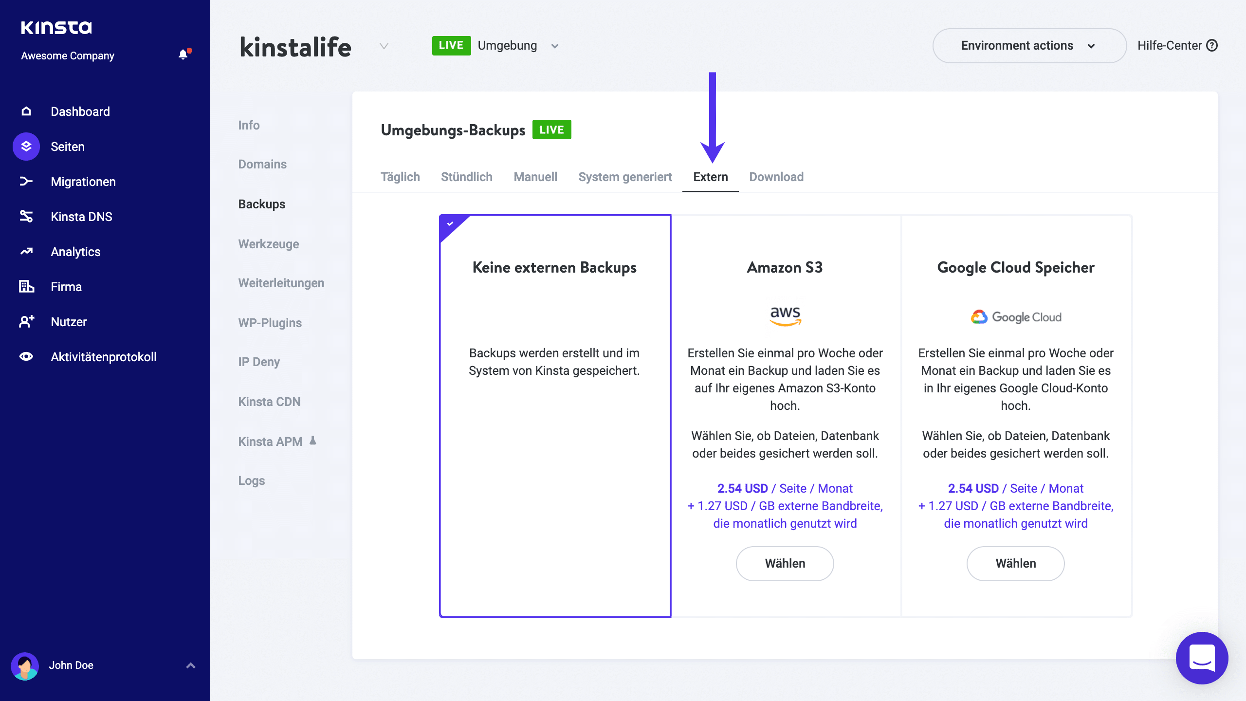 Aktiviere externe Backups in MyKinsta.