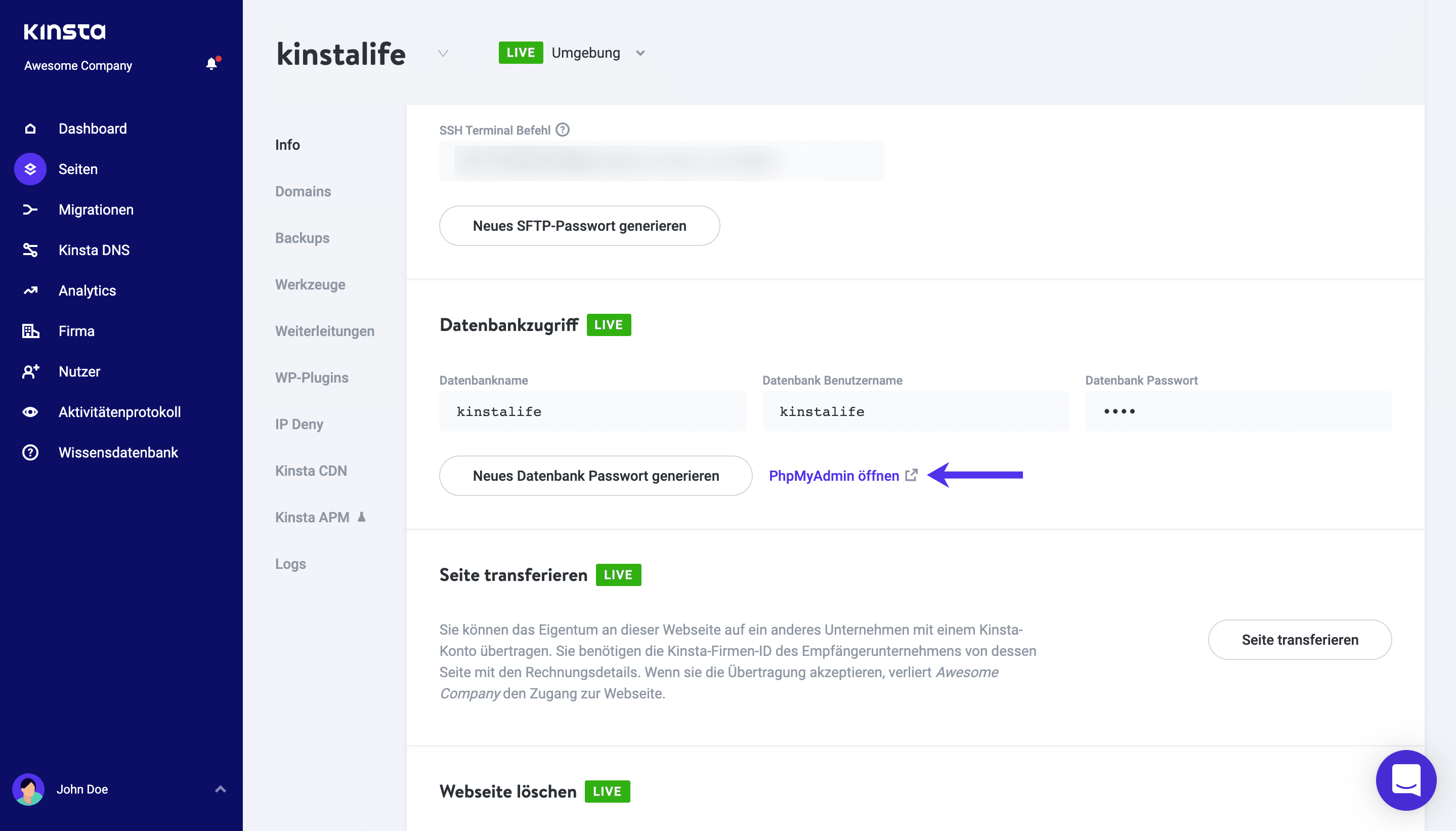 WordPress phpMyAdmin-Zugang