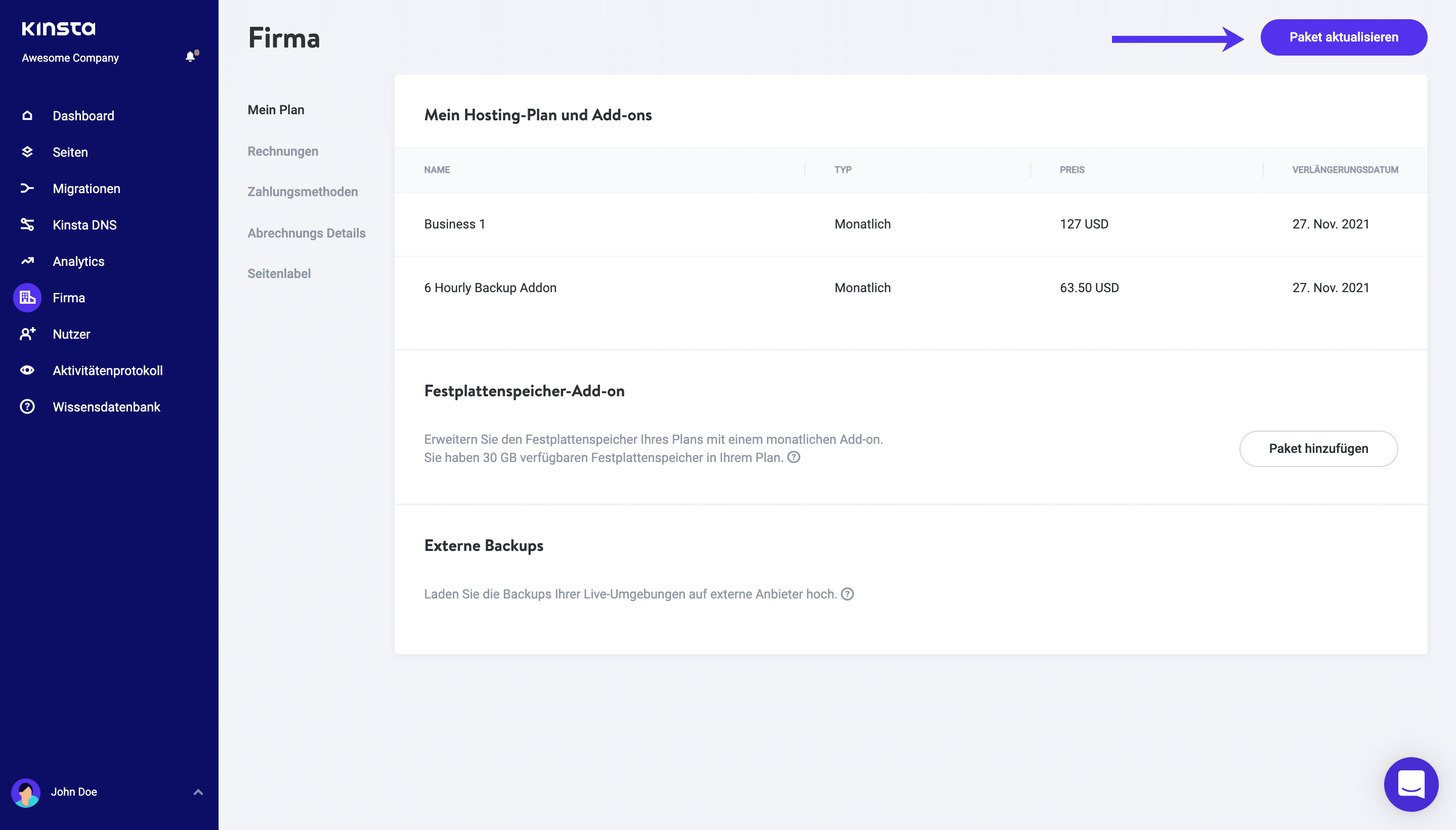 Einen neuen Plan in MyKinsta hinzufügen.