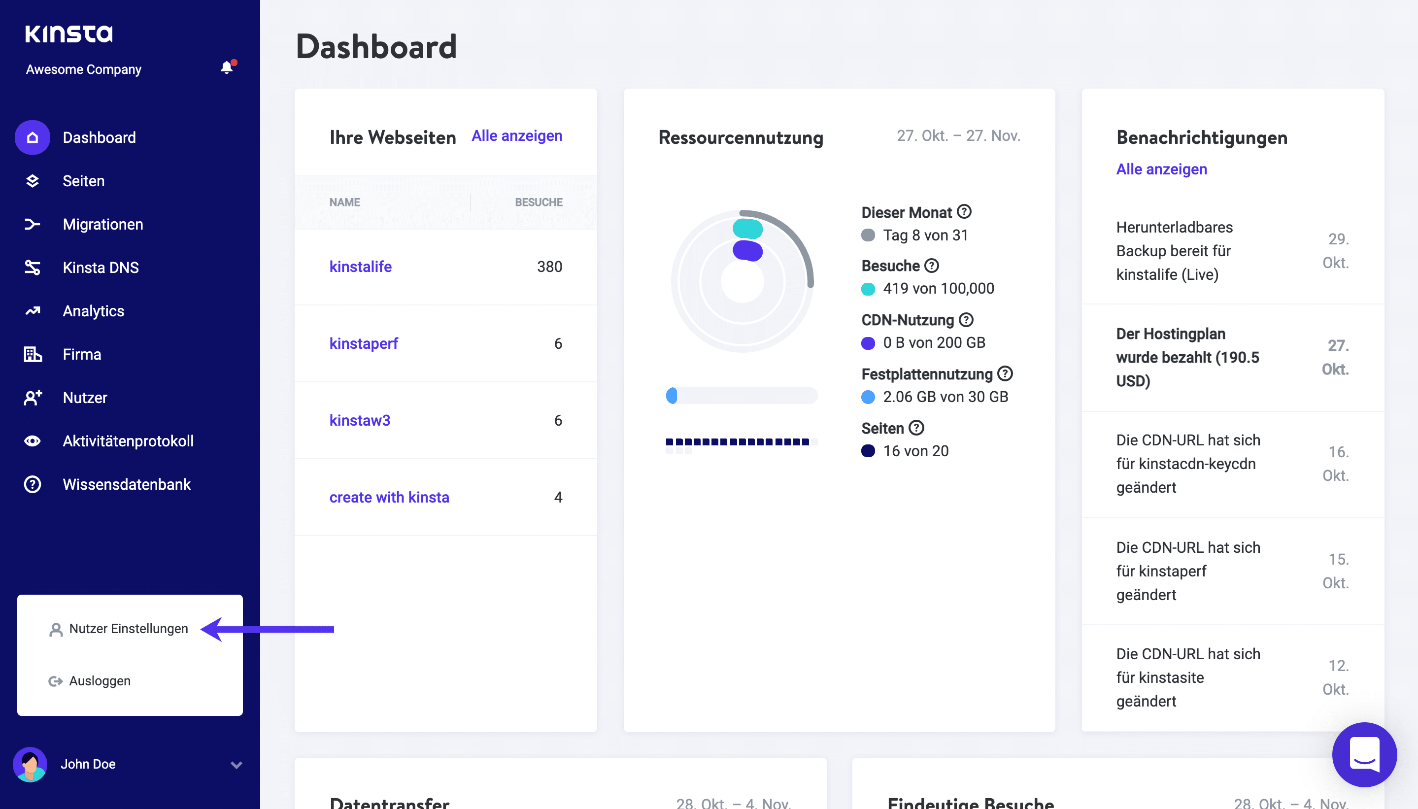 MyKinsta nutzer einstellungen